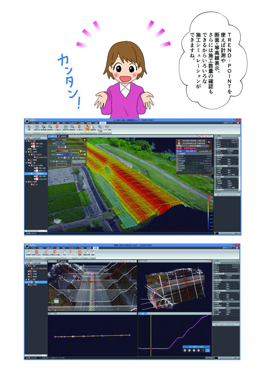 TREND‐POINTを使えば計測や断面・等高線表示、さらには施工数量の確認もできるからいろいろな施工シミュレーションができますね。