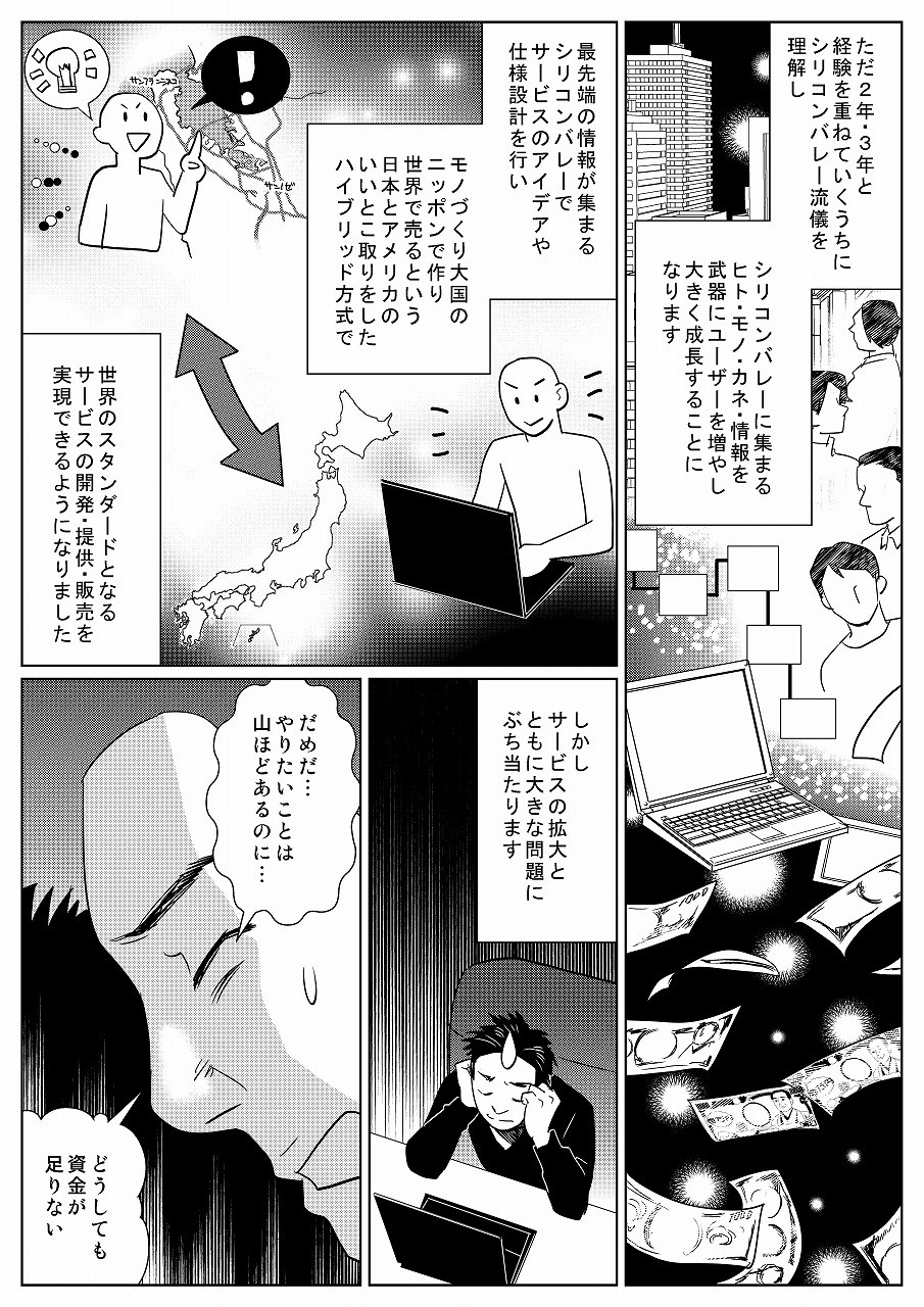 最先端の情報が集まるシリコンバレーでサービスのアイデアや仕様設計を行いものづくり大国の日本で作り世界で売るという日本とアメリカのいいとこ取りをした。やりたいことはたくさんあるのに、資金がたりない。