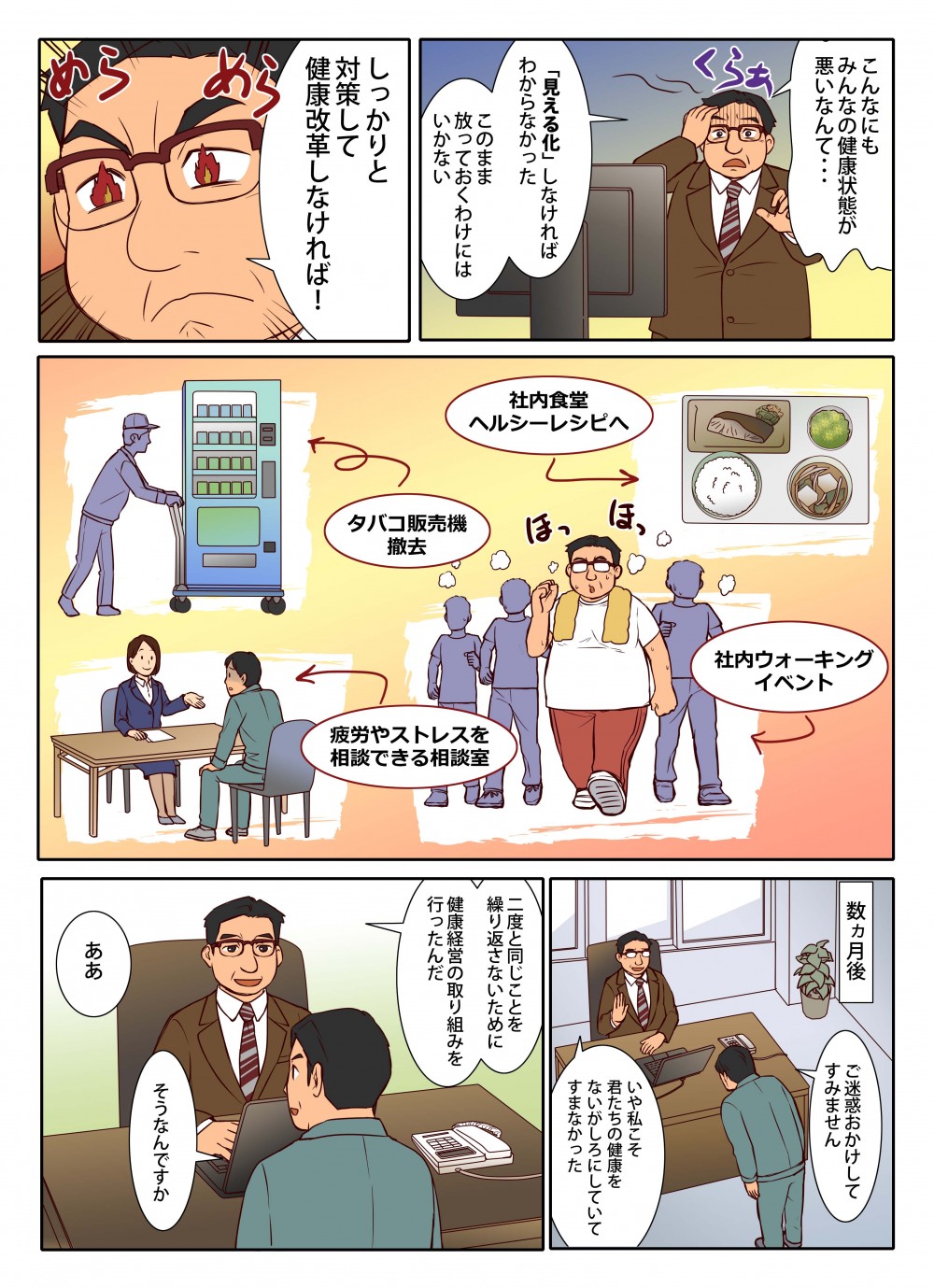 従業員の健康改善に動く社長。社内食堂ヘルシーレシピ、たばこ自販機、社内ウォーキングイベント、疲労やストレスを相談できる相談室などを考える。