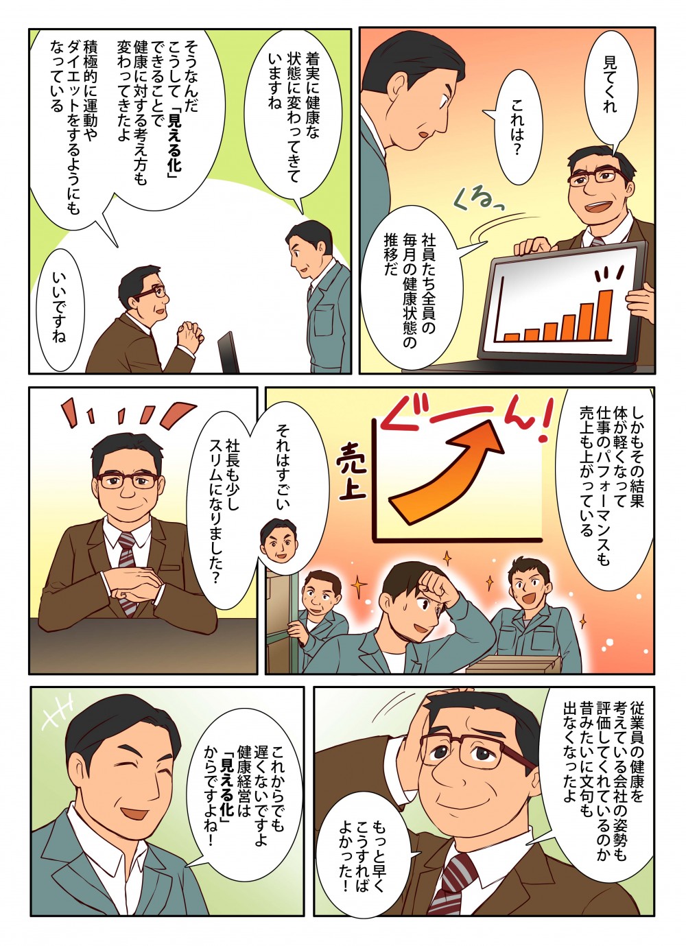 従業員みんなが健康になって業績改善した。見える化により、従業員の健康管理の他にも仕事のパフォーマンスも向上した。