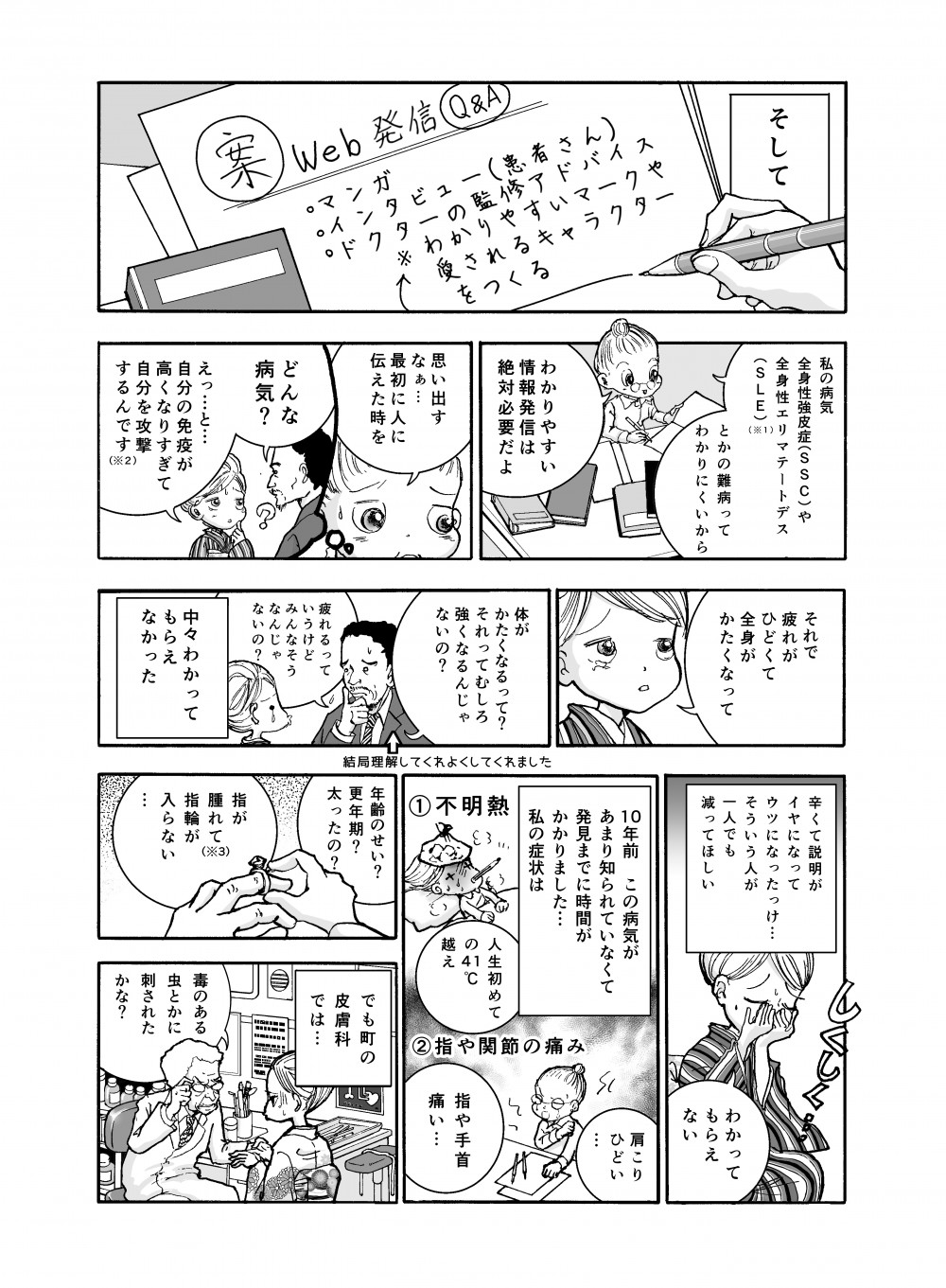 私の病気、全身性強皮症（SSC)や全身性エリテマトーデス（SLE）とかの難病ってわかりにくいから、わかりやすい情報発信は絶対必要だよ。思い出すなぁ…最初に人に伝えたときを。えっと、自分の免疫が高くなりすぎて自分を攻撃するんです。それで疲れがひどくて全身がかたくなって。中々わかってもらえなかった。辛くて説明がイヤにになってウツになったっけ…そういう人が一人でも減ってほしい。10年前、この病気があまり知られていなくて発見までに時間がかかりました…私の症状は、不明熱、指や関節の痛み。でも町の皮膚科は、毒のある虫とかに刺されたかな？