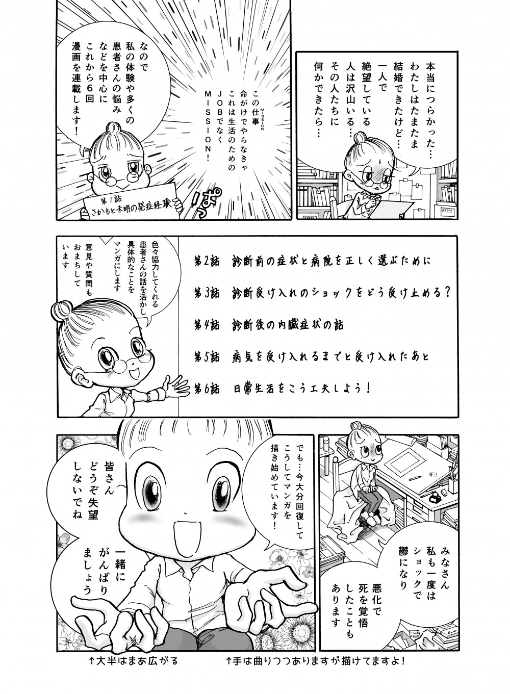 本当につらかった…わたしはたまたま結婚できたけど…一人で絶望している人は沢山いる…その人たちに何かできたら…この仕事は命がけでやらなきゃ、これは生活のためのＪＯＢでなくＭＩＳＳＩＯＮ！なので私の体験や多くの患者さんの悩みなどを中心にこれから6回、マンガを連載します！みなさん、私も一度はショックで鬱になり悪化で死を覚悟したこともあります。でも…今大分復活して、こうしてマンガを描き始めています！皆さん、どうぞ失望しないでね、一緒にがんばりましょう