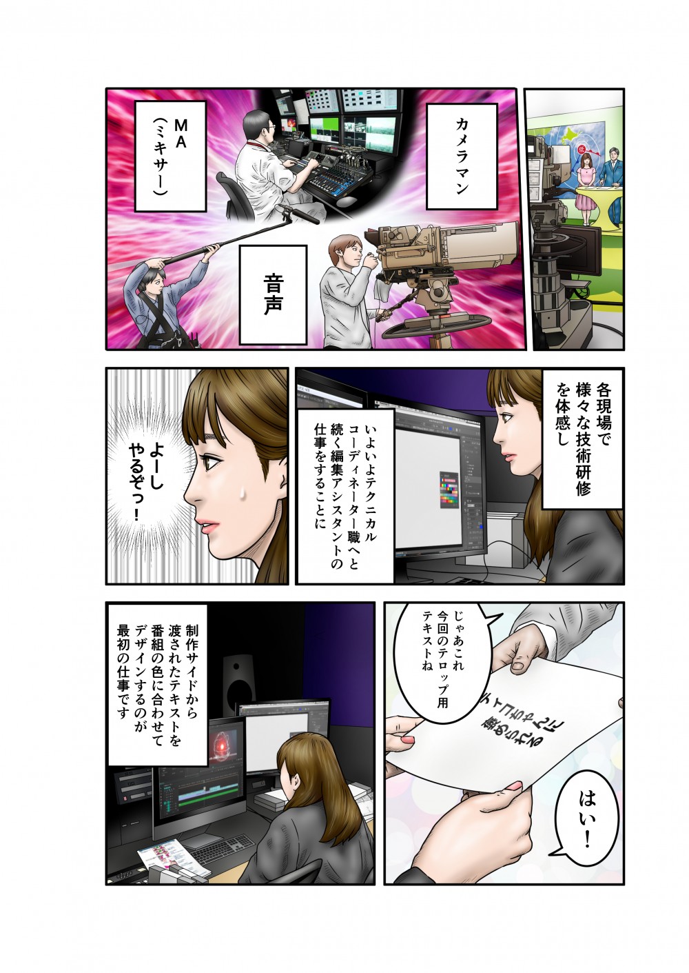 カメラマン。MA（ミキサー）。音声。各現場で様々な技術研修を体感し、いよいよテクニカルコーディネーター職へと続く編集アシスタントの仕事をすることに。じゃあこれ、今回のテロップ用テキストね。制作サイドから渡されたテキストを番組の色に合わせてデザインするのが最初の仕事です。