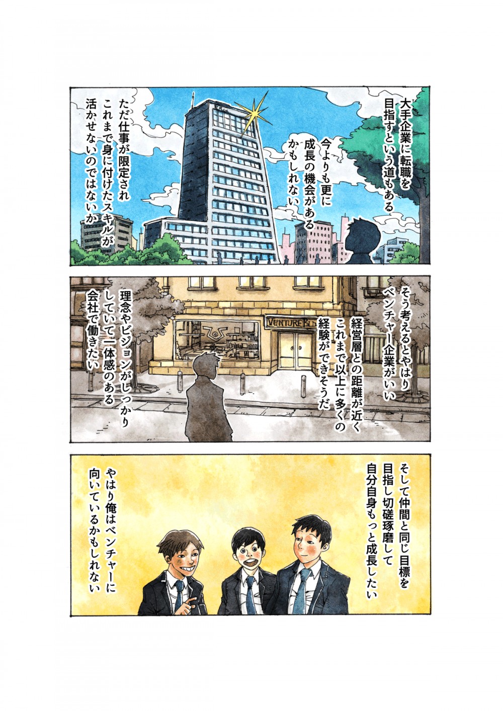 大手企業に転職を目指すという道もある。今よりも更に成長の機会があるかもしれない。そう考えるとやはりベンチャー企業がいい。そして仲間と同じ目標を目指し切磋琢磨して自分自身もっと成長したい。やはり俺はベンチャーに向いているかもしれない。
