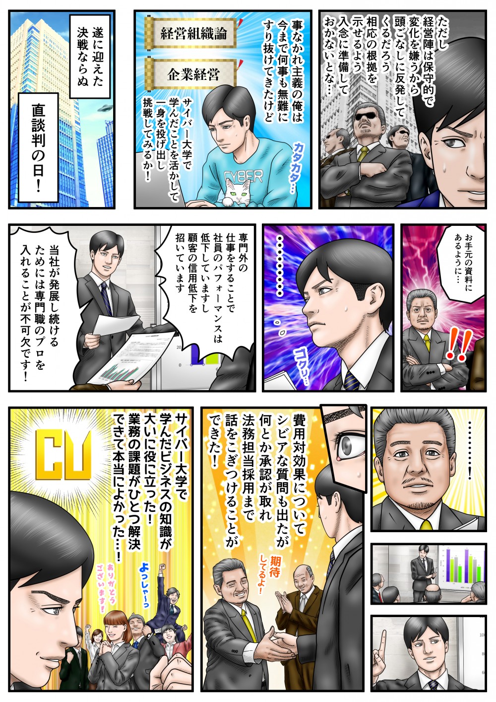 ただし経営陣は保守的で変化を嫌うから、頭ごなしに反発してくるだろう。相応の根拠を示せるよう入念に準備しておかないとな…事なかれ主義の俺は、今まで何事も無難にすり抜けていたけど、サイバー大学で学んだことを活かして一身を投げ出し挑戦してみるか！遂に迎えた決戦ならぬ、直談判の日！費用対効果についてシビアな質問も出たが、何とか承認が取れ、法務担当採用まで話をこぎつけることができた！サイバー大学で学んだビジネスの知識が大いに役に立った！業務の課題がひとつ解決できて本当によかった…！