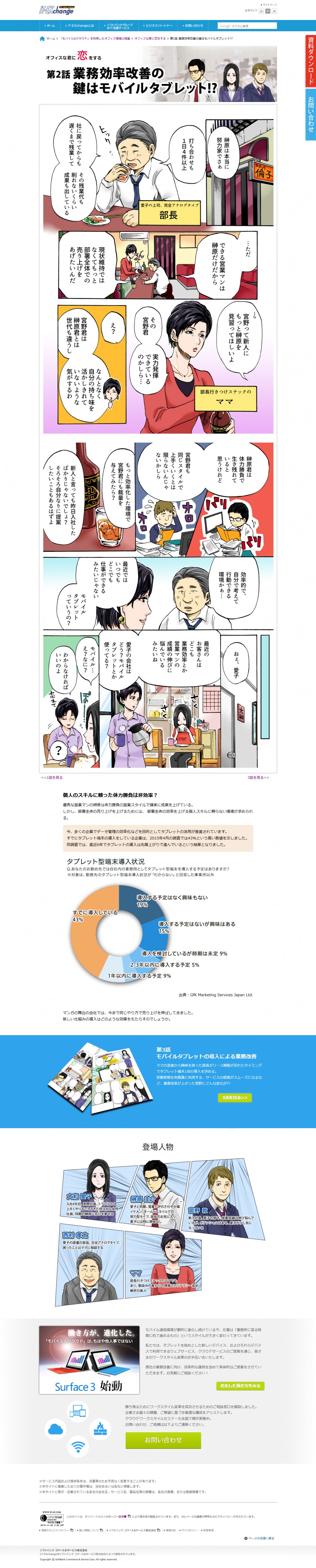 オフィスな君に恋をする。第２話業務効率改善の鍵はモバイルタブレット！？榊原は本当に努力家でさぁ。打ち合わせも１日４件以上。社に戻ってからも遅くまで残業してその残業代も削れないくらい成果もだしている。宮野って新人にもっと榊原を見習ってほしいよ。業務効率改善のカギはモバイルタブレット。問い合わせはソフトバンク＆サービスまで。