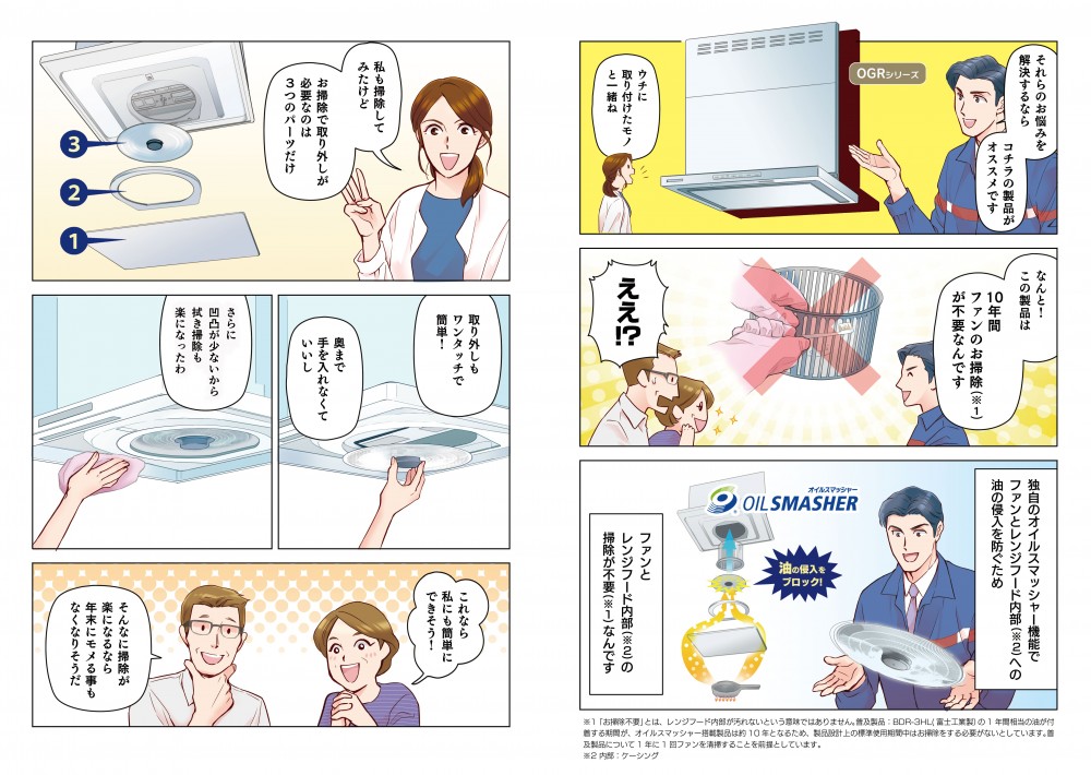 それらのお悩みを解決するなら、こちらの商品がオススメです。ウチに取り付けたものと一緒ね。なんと！この製品は10年間、ファンのお掃除が不要なんです。ええ!?独自のオイルスマッシャー機能でファンとフード内部への油の侵入を防ぐため、ファンとレンジフードの掃除が不要なんです。私も掃除してみたけど、お掃除で取り外しが必要なのは3つのパーツだけ。取り外しもワンタッチでカンタン！奥まで手を入れなくていいし、さらに凹凸が少ないから拭き掃除も楽になったわ。これなら私にもカンタンにできそう！