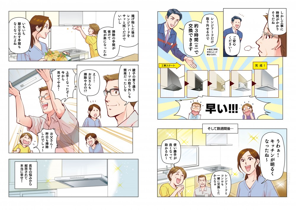 しかし工事に時間がかかりそうだね。ご安心ください!レンジフードだけ取り外せるので、約3時間で交換できます。早い!!そして数週間後…うわあ！キッチンが明るくなったね～。レンジフードとコンロも一緒に交換したからなあ。揚げ物をしたあとはサッと拭くだけでいいし、掃除の手間が省けて気が楽になったわ。いちいち脚立を出す手間もなくなったよね。綾子の言う通り、パーツの取り外しも簡単だったしな。え～、お父さんも掃除やるの!?上手くなったぞ～、今から見せてやる！お父さん！昨日も掃除したでしょ！長年の悩みから解放されて本当に幸せ！