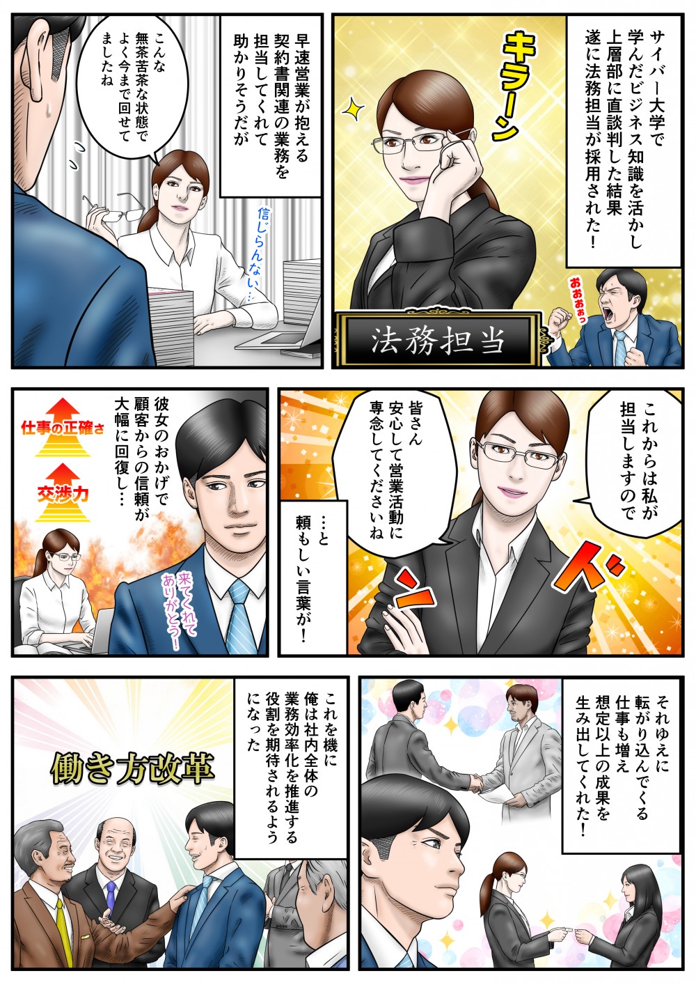 サイバー大学で学んだビジネス知識を活かし、上層部に直談判した結果、遂に法務担当が採用された！早速、営業が抱える契約書関連の業務を担当してくれて、助かりそうだが。こんな無茶苦茶な状態で、よく今まで回せてましたね。これからは私が担当しますので、皆さん安心して営業活動に専念してくださいね。
…と頼もしい言葉が！彼女のおかげで顧客からの信頼が大幅に回復し…それゆえに転がり込んでくる仕事も増え、想定以上の成果を生み出してくれた！これを機会に俺は社内全体の業務効率化を推進する役割を期待されるようになった