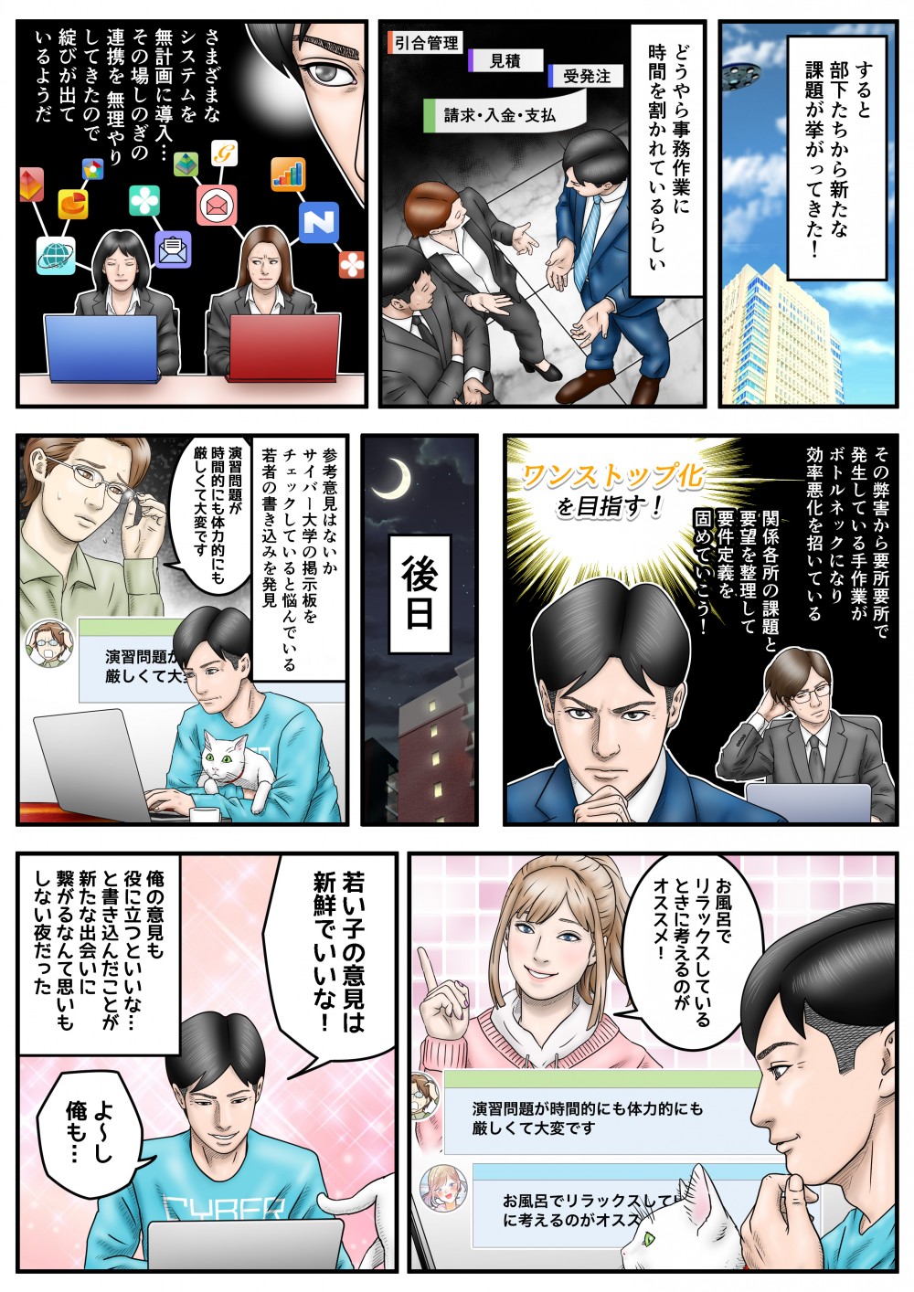 すると部下たちから新たな課題が挙がってきた！どうやら事務作業に時間を割かれているらしい。さまざまなシステムを無計画に導入…その場しのぎの連携を無理やりしてきたのでほころびが出ているようだ。その映画委が要所要所で発生してる手作業がボトルネックになり、効率悪化を招いている。関係各所の課題と要望を整理して、要件定期を固めていこう！後日、参考意見はないかサイバー大学の掲示板をチェックしていると、悩んでいる若者の書き込みを発見。俺の意見も役に立つといいな…と書き込んだことが、新たな出会いに繋がるなんて思いもしない夜だった。