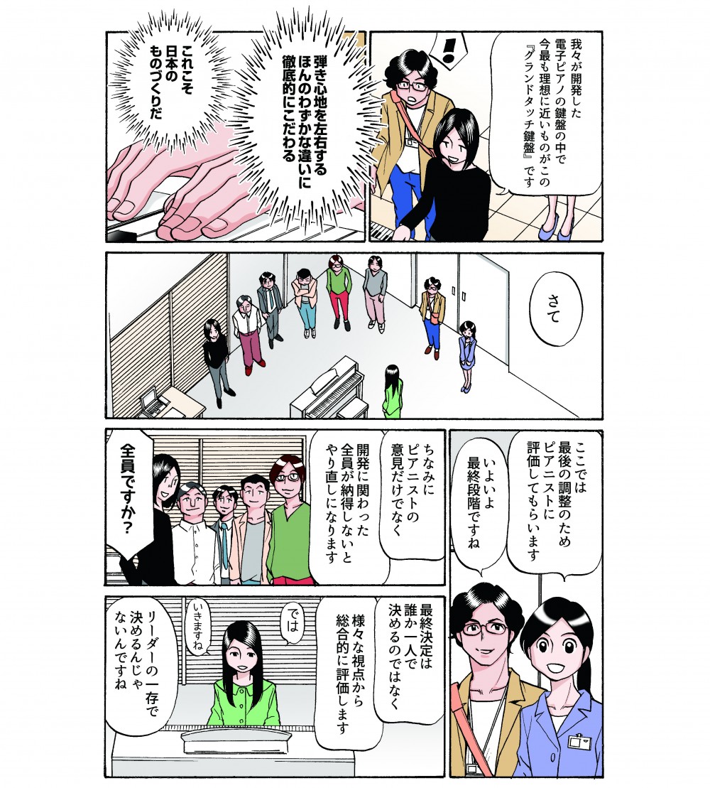 弾き心地を左右する、ほんのわずかな違いに徹底的にこだわる、これこそ日本のものづくりだ。ここでは最後の調整のため、ピアニストに評価してもらいます。開発に関わった全員が納得しないとやり直しになります。