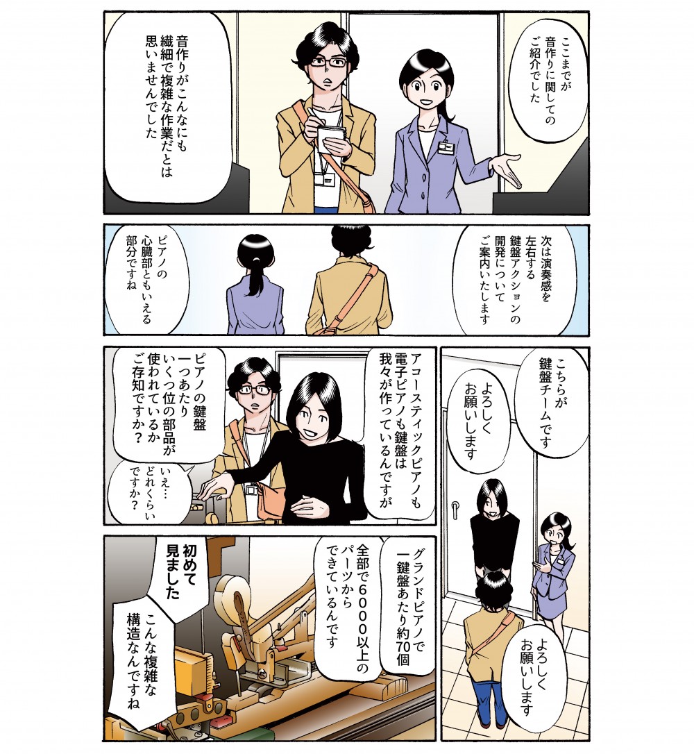 音作りがこんなにも繊細で複雑な作業だとは思いませんでした。次は演奏感を左右する鍵盤アクションの開発についてご案内いたします。グランドピアノ一鍵盤あたりで約70個、全部で6000以上のパーツからできているんです。