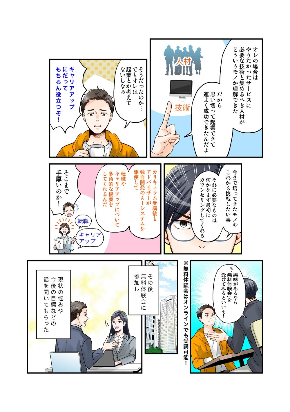 やりたかったサービスに必要な技術と集めるべき人材がどういうモノか理解できた　だから思い切って企業できて運よく成功できた　キャリアアップに役立つ　今まで培ってきたモノやこれから挑戦したいこと必要なものは何かを最初にカウンセリングしてくれる　カリキュラム受講後もアドバイザーが独自開発のAIシステムを駆使して転職やキャリアアップについて多角的な提案をしてくれる　無料体験会　オンラインでも受講可能　現状の悩みや今後の目標など話を聞いてもらった