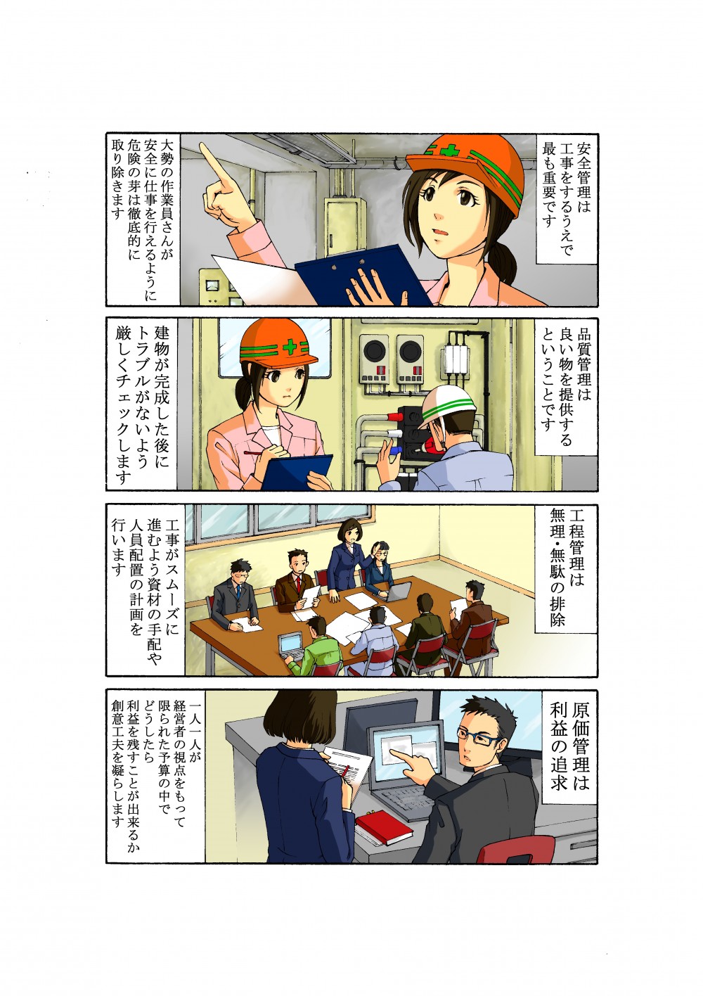 安全管理は工事をするうえで最も重要であり、品質管理は良い物を提供するということ。工程管理は無理・無駄の排除、原価管理は利益の追求だ。