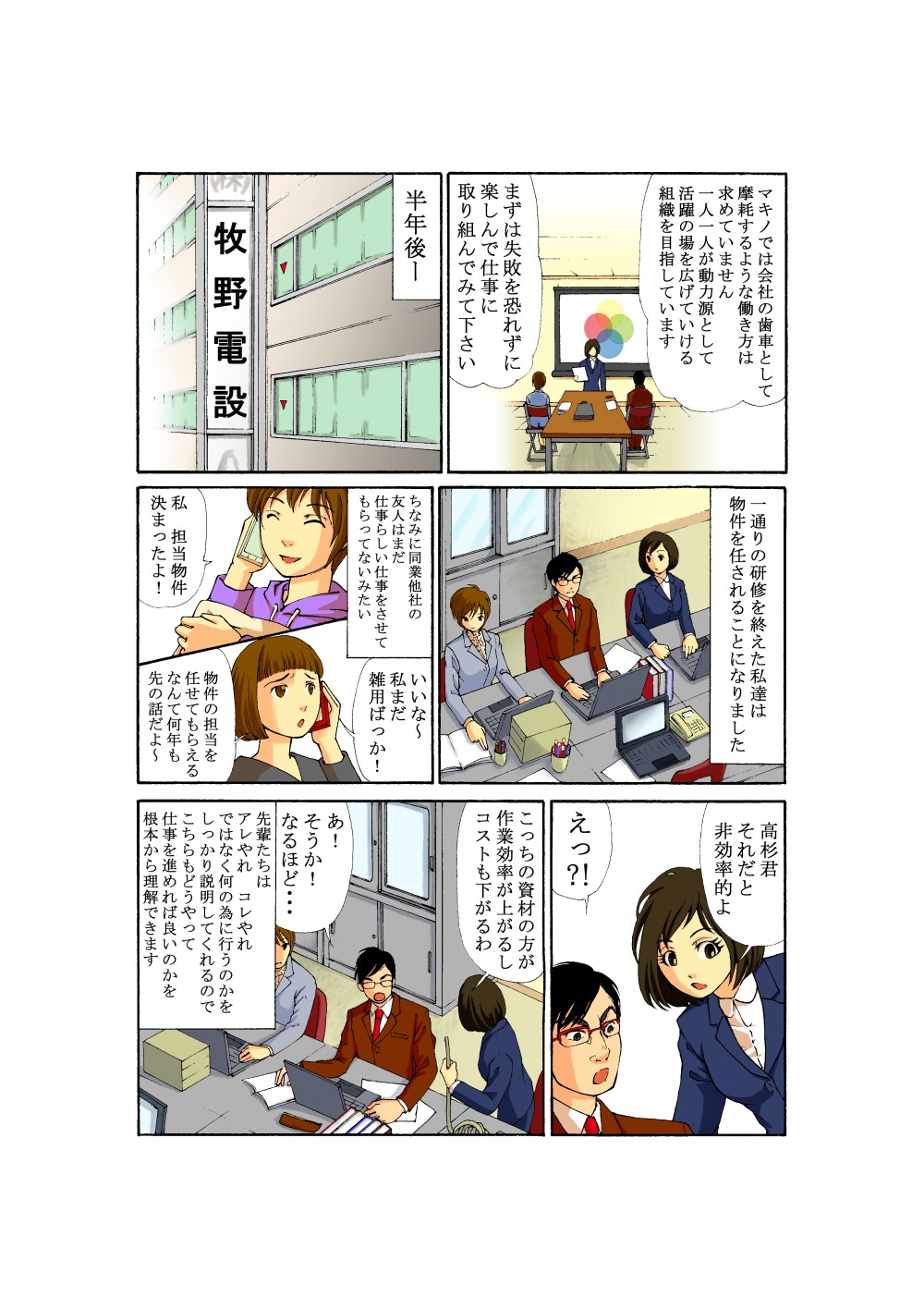 マキノでは会社の歯車として摩耗するような働き方ではなく、一人一人が動力源として活躍の場を広げていける組織を目指している。失敗を恐れずに楽しんで仕事に取り組んでみよう！半年後、2人は物件を任されることになったが、同業他社の友人はまだ仕事らしいことはさせてもらえていないようだ。