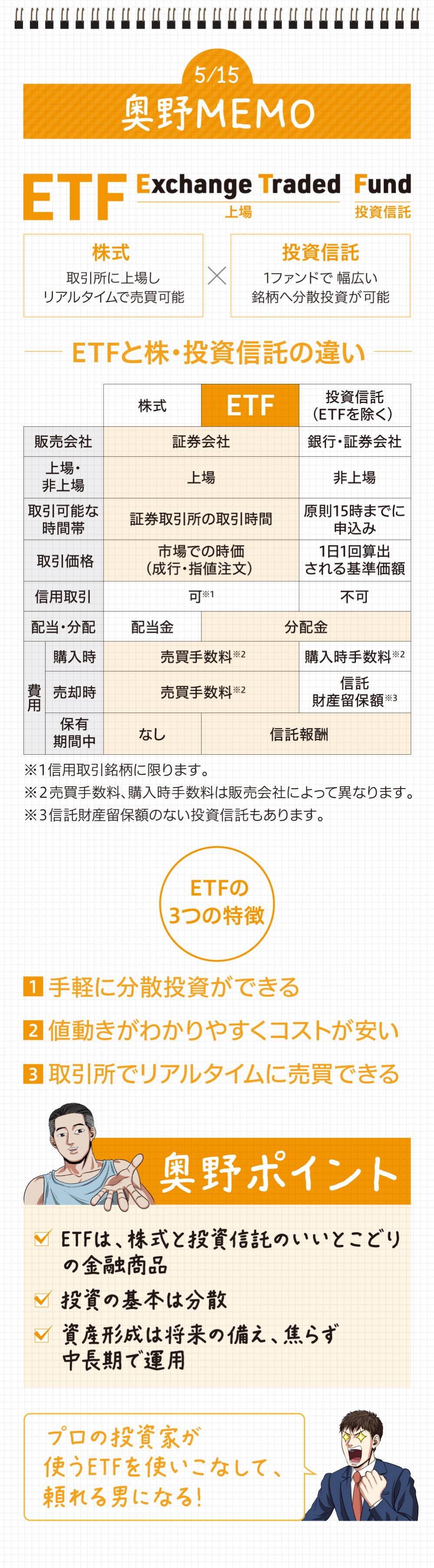 奥村MEMOETFと株・投資信託の違いETFの３つの特徴
