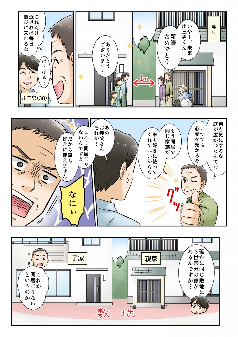 三年後、本当に家を建てた同じ敷地内に家を建てたことで本人は同居と思っているが、実は同居ではないことが判明。