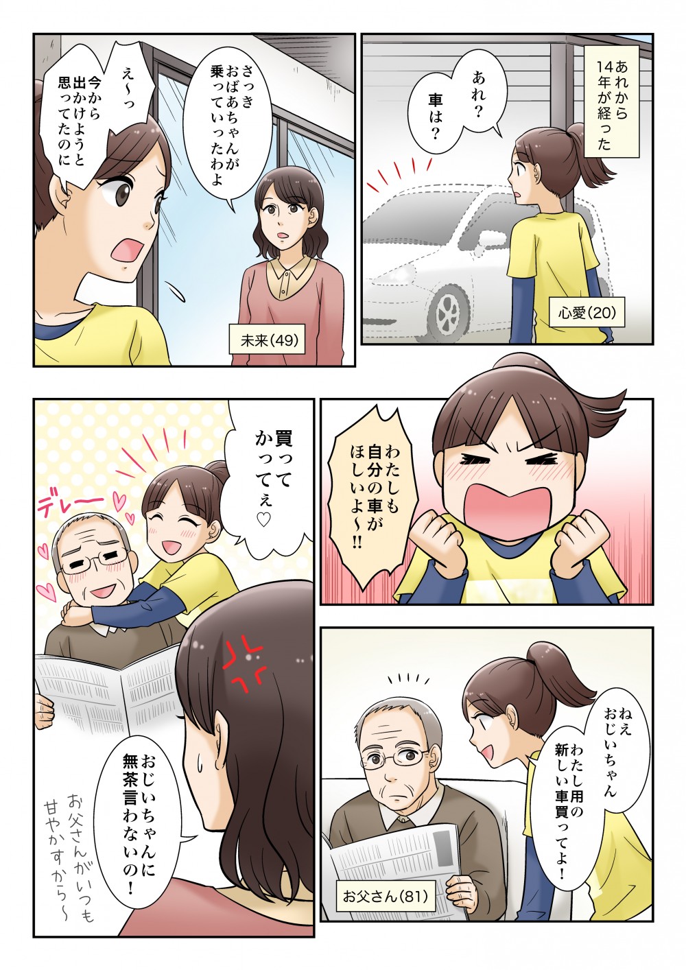 親子三世代。孫世代も車を乗るようになった。車が欲しい孫がおじいちゃんにおねだりをする。