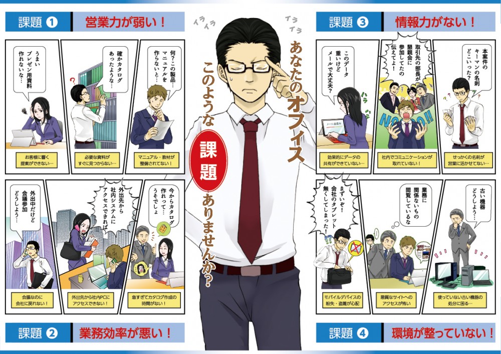 あなたのオフィス、このような課題がありませんきあ？営業力が弱い。情報力がない。業務効率が悪い。環境が整っていない。
