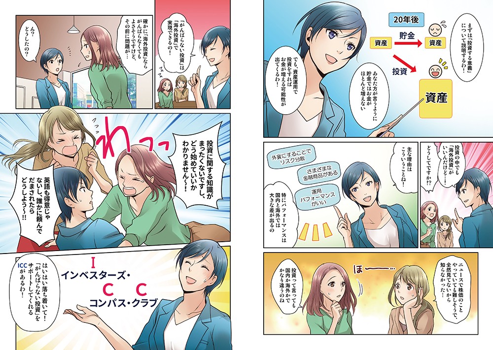 まずは「投資する意義」について説明するわ！あなた方が言うように貯金ではお金がほとんど増えない。でも資産運用で投資すれば、お金が増える可能性が出てくるわ！投資の中でも「海外投資」がいいんだけど…どうしてですか？主な理由はこういうことね！特にパフォーマンスは国内と海外では大きな差が出るの。投資って言っても、国内か海外かでかなり違うのね。「がんばらない投資」は「海外投資」で実現できるの！確かに「海外投資」ならがんばらなくてもよさそうですけど、その前に問題が…投資に関する知識がまったくないですし、どう始めていいかわかりません～！英語も得意じゃないし、誰かに頼んでだまされたらどうしよう～!!はいはい、落ち着いて！「がんばらない投資」をサポートしてくれるICCがあるわ！