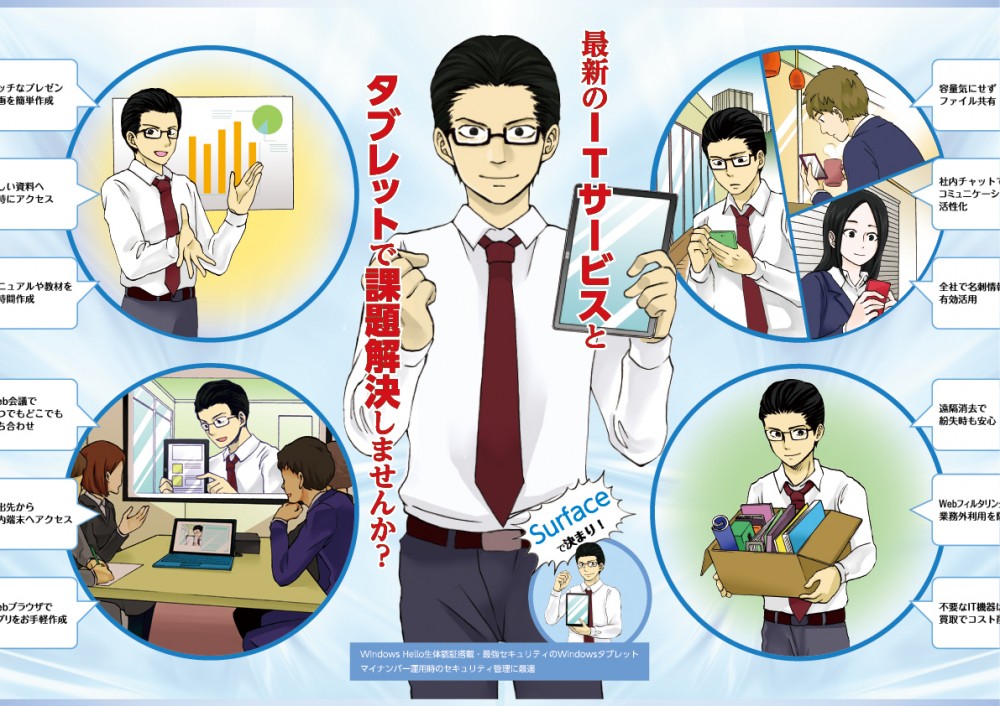 最新のITサービスとタブレットで課題解決しませんか？Surfaceで決まり！プレゼン、マニュアル教材、会議、アクセス、社内チャット、コミュニケーション活性化。