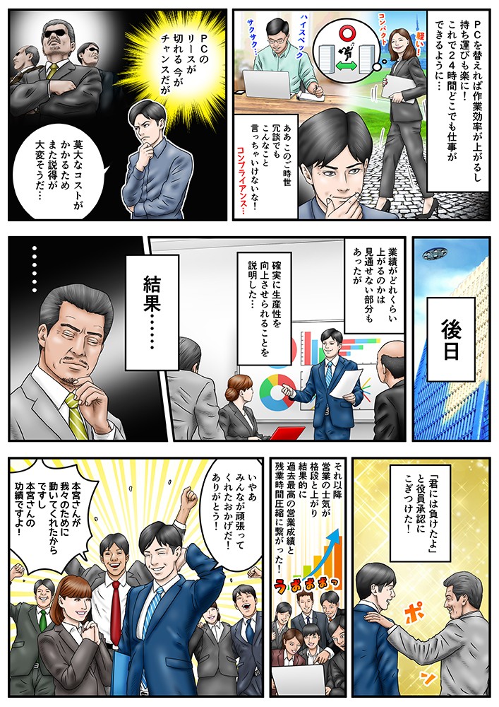 PCを替えれば西行効率が上がるし、持ち運びも楽に！これで24時間どこでも仕事ができるように…ああこのご時世、冗談でもこんなこと言っちゃいけないな！後日、業績がどれくらい上がるのかは見通せない部分もあったが、確実に生産性を向上させられることを説明した…結果。「君には負けたよ」と役員承認にこぎつけた！それ以降、営業の士気が上がり、結果的に過去最高の営業成績と残上時間圧縮に繋がった！いやあ、みんなが頑張ってくれたおかげだ！ありがとう！本宮さんが我々のために動いてくれたからですし、本宮さんの功績ですよ！