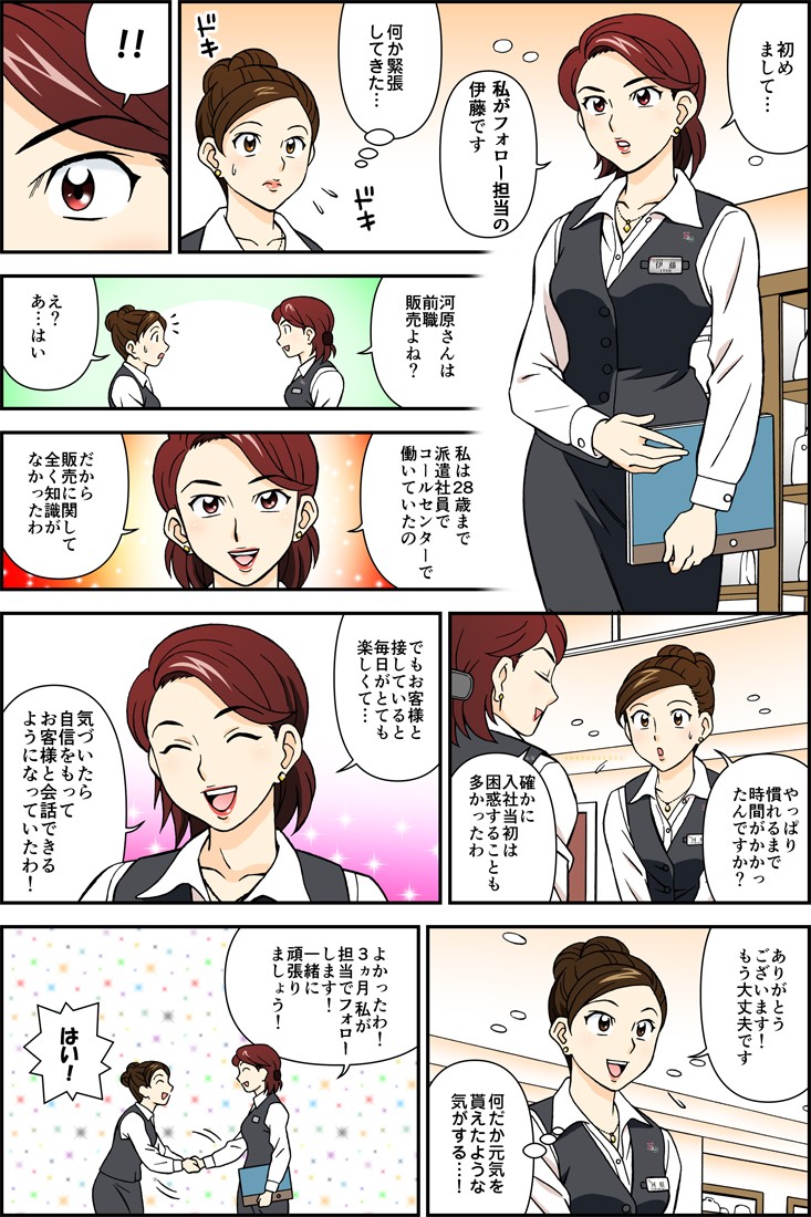 初めまして…。私がフォロー担当の伊藤です。何か緊張してきた…。やっぱり慣れるまで時間がかかったんですか？確かに入社当初は困惑することも多かったわ。ありがとうございます！もう大丈夫です！何だか元気を貰えたような気がする…！