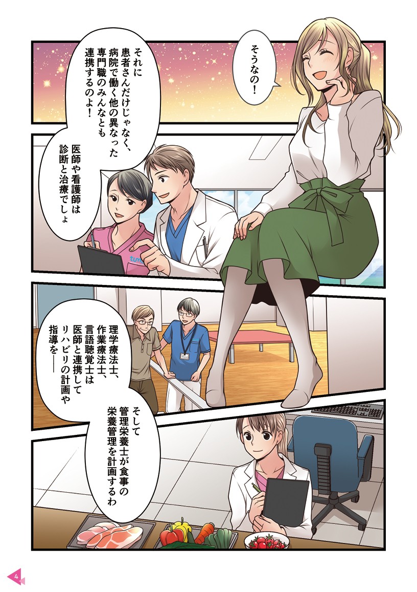 それに患者さんだけじゃく、病院で働く他の異なった専門職のみんなとも連携するのよ！医師や看護師は診断と治療でしょ。理学療法士、作業療法士、言語聴覚士は医師と連携してリハビリの計画や指導を。