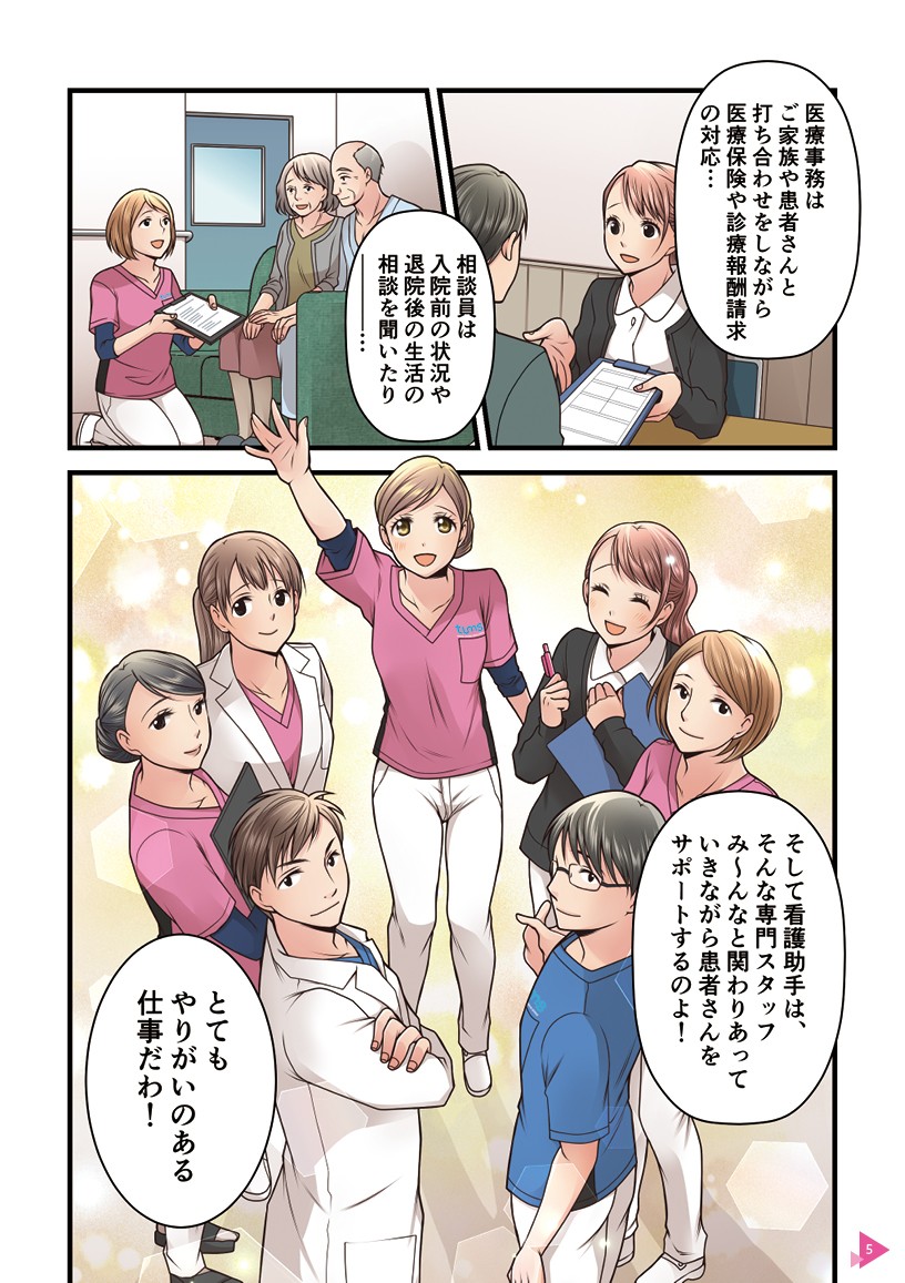 そして看護助手は、そんな専門スタッフみ～んなと関わりあっていきながら患者さんをサポートするのよ！とてもやりがいのある仕事だわ！