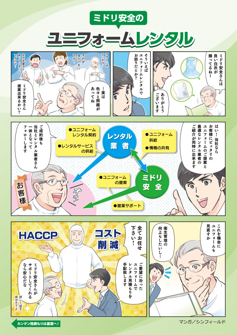 お客様にピッタリのユニフォームのご提案と最適なレンタル業者のご紹介が同時にできますご成約後も当社とレンタル業者さん一体となってフォローします衛生管理の向上もしたいし・・・ミドリ安全さんがサポートしてくれるなら安心だな