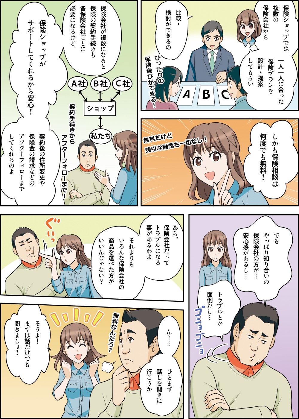 保険ショップでは複数の保険会社から一人一人に合った保険プランを設計・提案してもらい比較・検討ができる。しかも相談は何度でも無料！強引な勧誘も一切ない。契約手続きもサポートしてもらえ、アフタフォローも万全。まずは話だけでも聞いてみよう！