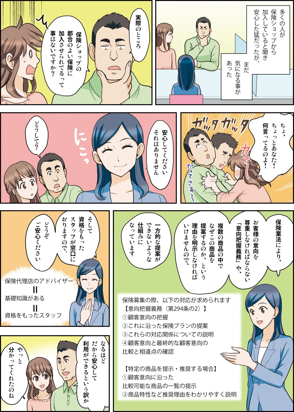 しかし保険ショップの都合のよい保険に加入させられることがないか心配する猛。保険ショップは保険業法により「意向把握義務」や商品を提案する理由を明示しなければならないため、一方的な提案ができないような仕組みになっている。そして資格を持ったスタッフが窓口にいるため安心できる。