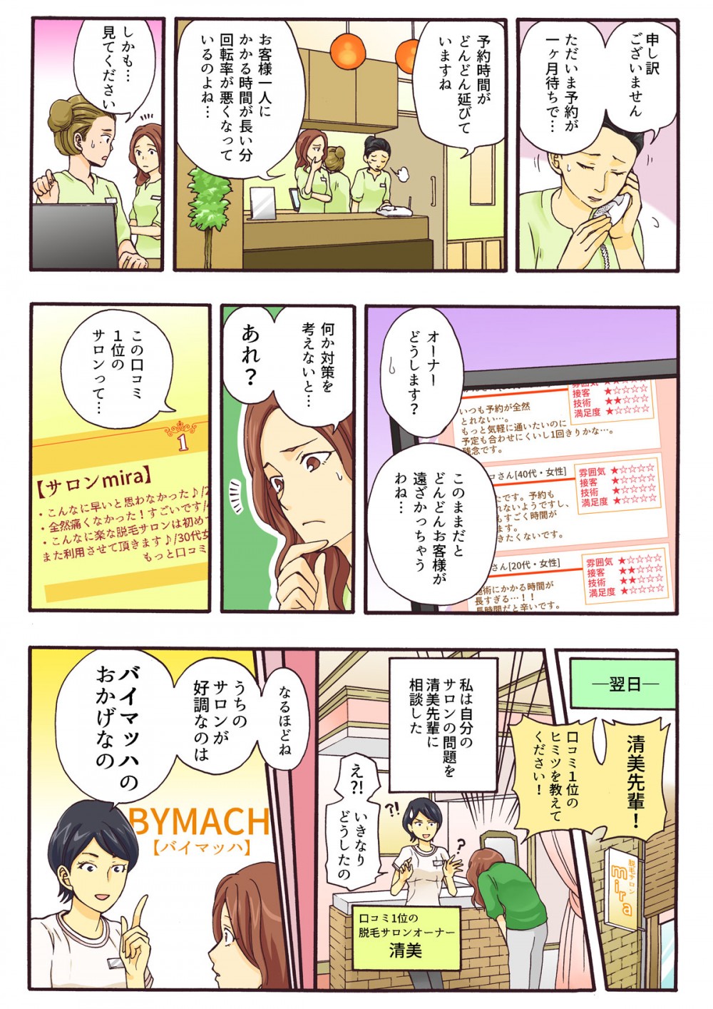 お客様一人にかかる時間が長い分回転率が悪くなっているのよね・・・このままだとどんどんお客様が遠ざかっちゃうわね・・・清水先輩！口コミ１位のヒミツを教えてください！うちのサロンが好調なのはバイマッハのおかげなの