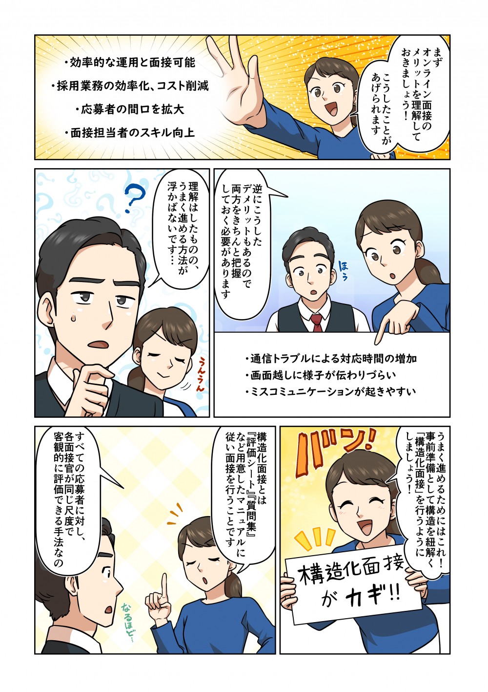 まずオンライン面接のメリットを理解しておきましょう！逆にこうしたデメリットもあるので両方をきちんと把握しておく必要があります。上手く進めるためにはこれ！事前準備として構造を紐解く「構造化面接」を行うようにしましょう！構造化面接とは「評価シート」「質問集」など用意したマニュアルに従い行うことです。すべての応募者に対し、各面接官が同じ尺度で客観的に評価できる手法なの。
