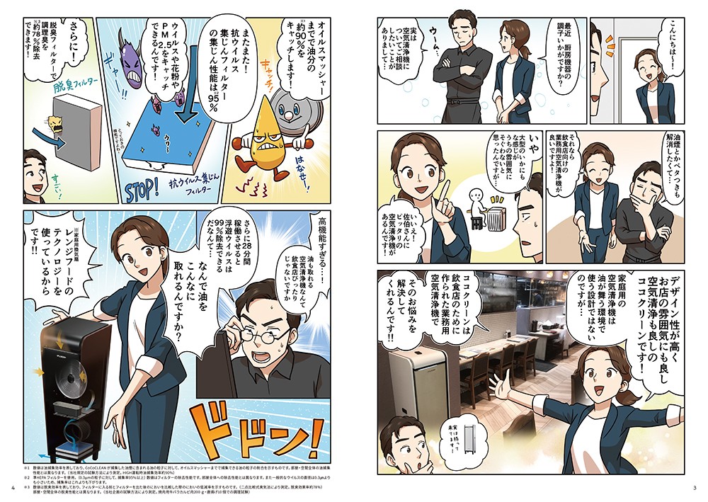 最近、厨房機器の調子はいかがですか?実は空気清浄機についてご相談したいことがありまして…それなら飲食店向けの業務用空気清浄機がいいですよ！デザイン性が高くお店の雰囲気にも良し、空気清浄も良しのココクリーンです！高性能すぎる…‼油も取れる空気清浄機なんて飲食店ぴったりじゃないですか。