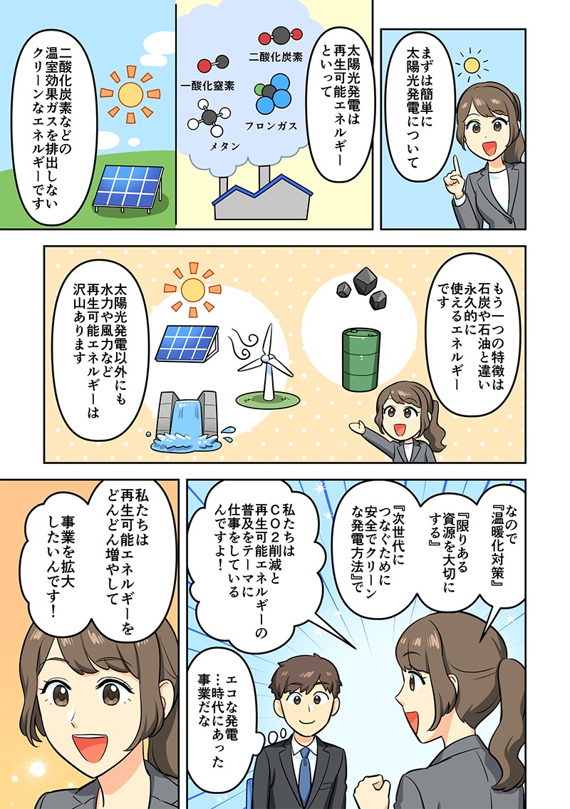 まずは簡単に太陽光発電について。太陽光発電は再生可能エネルギーといって、二酸化炭素などの温室効果ガスを排出しないクリーンなエネルギーです。私たちは再生可能エネルギーをどんどん増やして、事業を拡大したいんです！