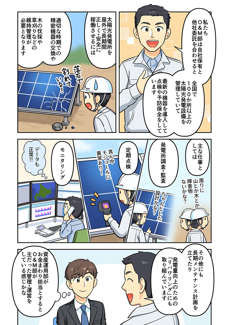 私達Ｏ＆Ｍ部は自社保有と他社委託を合わせると全国で100カ所以上の太陽光発電設備を管理していて、最新の機器を導入して点検や予防保全をしています。太陽光発電所を屋外で長時間、正しく・安全に稼働させるには、適切な時期での精密機器の交換や、木の伐採や草刈りなどの維持管理が必要となります。