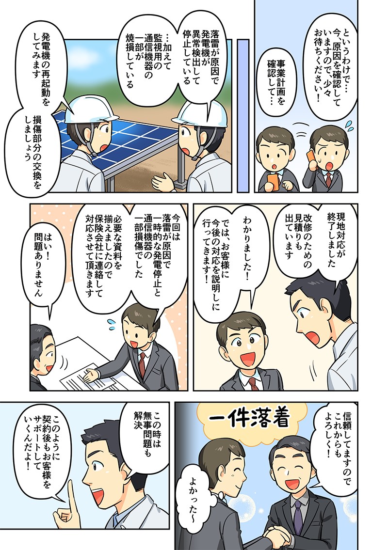 というわけで…今、原因を確認していますので少々お待ちください！今回は落雷が原因で一時的な発電停止と通信機器の一部損傷でした。信頼してますので、これからもよろしく！このように契約後もお客様をサポートしていくんだよ！