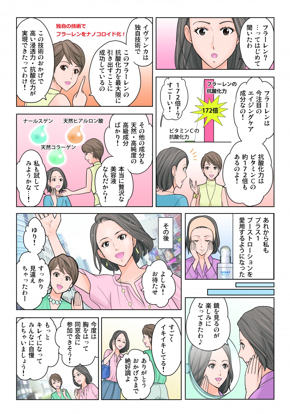 フラーレン？…ってはじめて聞いたわ。フラーレンは今注目のエイジングケア成分なの！抗酸化力はビタミンCの約172倍もあるのよ！その他の成分も天然・高純度の高級成分ばかり！本当に贅沢な美容液なんだら！あれから私もプラス1ブーストローションを愛用するようになった。鏡を見るのが楽しみになってきわ♪もっとキレイになってみんなに自慢しちゃいましょう！