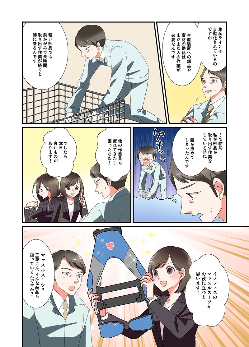 生産ラインは自動化されているのですが、生産装置への部品や資材の供給はまだまだ人の作業が必要なんです。でしたら、本日良いものがあります！イノフィスのマッスルスーツがお役に立つと思います！