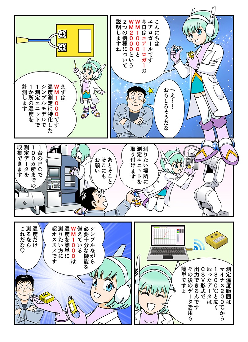 こんにちは、エロガールです。今日はエアーロガーのＷＭ1000とＷＭ2000という2つの機種について説明しますね。まずＷＭ1000です。温度測定に特化したシンプルモデルで1測定ユニットで、1カ所の温度を計測します。シンプルながら必要十分な機能を備えいているＷＭ1000は温度を簡単に測りたい方に超おすすめです。