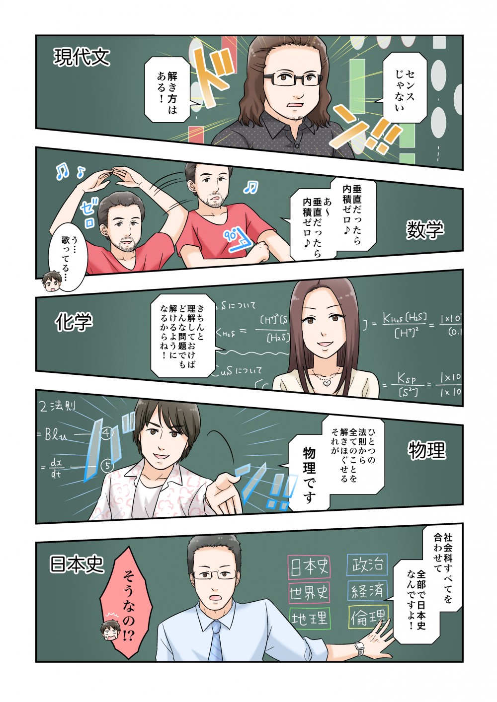 現代文「センスじゃない…解き方はある！」数学「あ～垂直だったら内積ゼロ」（う…歌ってる…）化学「きちんと理解しておけばどんな問題でも解けるようになる！」物理「ひとつの法則から全てのことを解きほぐせる、それが物理」日本史「社会科すべてを合わせて全部で日本史！」