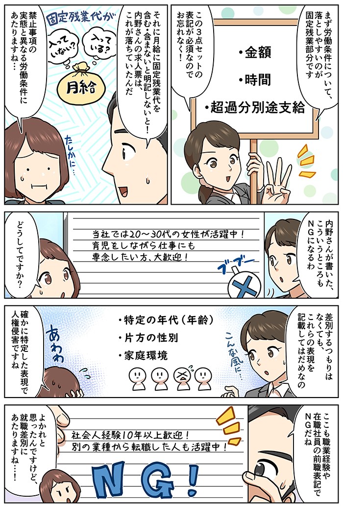 まず労働条件について落としやすいのが、固定残業部分です。それに月給に固定残業代を含む・含まないと明記しないと！差別するつもりはなくても、これらの表現を記載してはだめなの。ここも職業経験や在職社員の前職表記でＮＧだね。