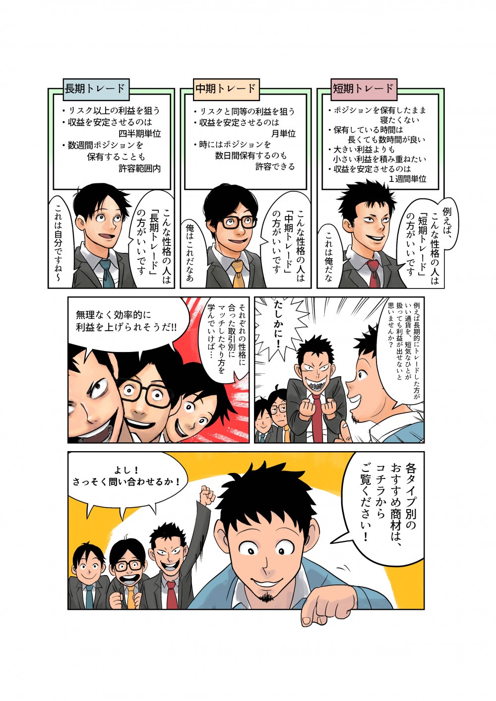 FICC様　FX　webマンガ４
FXに勝つためには？悩む３人に、トレーダー「メリ男」が教える秘訣とは？