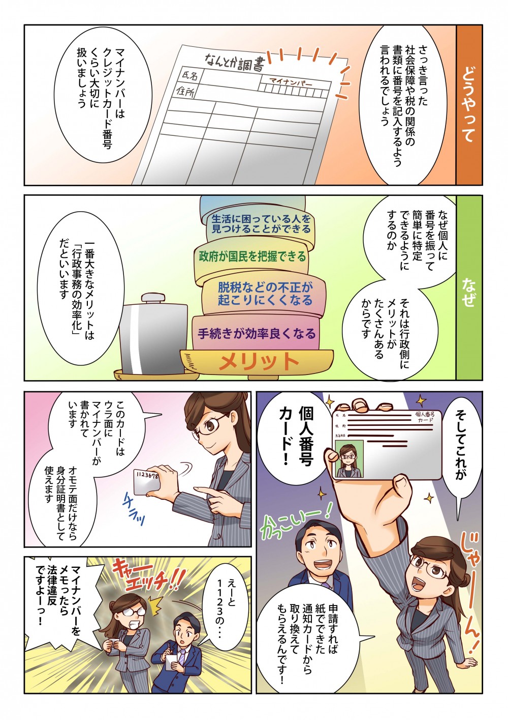 社会保障や税関係の書類の記入時に必要。なぜ、個人に番号を振るのかと言うと、行政事務の効率が目的である。申請すれば、紙からカードに取り換えてくれる。