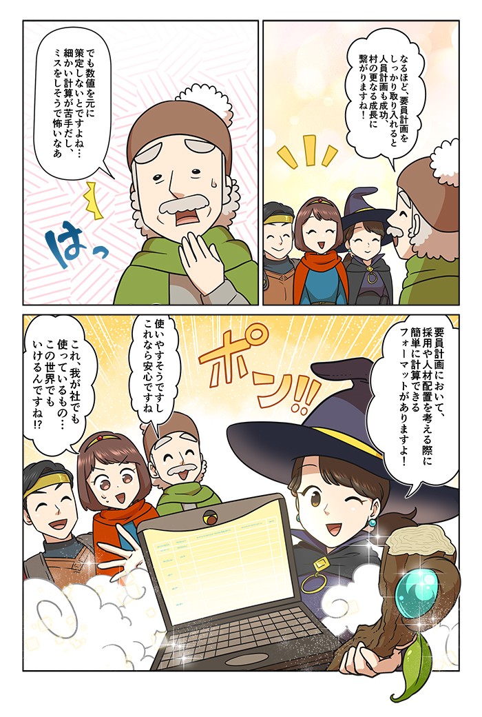 なるほど要員計画をしっかり取り入れると、人員計画も成功、村の更なる成長に繋がりますね！要因計画において、採用や印西配置を考える際に簡単に計算できるフォーマットがありますよ！使いやすそうですし、これなら安心ですね