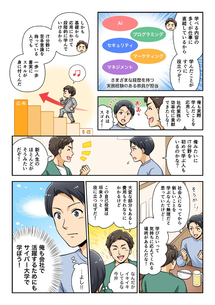学べる内容の多くが仕事に直結してるから、学んだことがすぐに役立つぞ！しかも基礎から応用にかけて段階的に学んでいけるから、ＩＴ分野に苦手意識を持っている人でも、一歩一歩着実にスキルが身に付くんだ。俺も活躍する為にもサイバー大学で学ぼう！