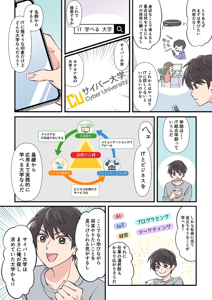 これからはやっぱり、ITに詳しくないといけないのかな。サイバー大学、カタカナ名の大学？ＩＴとビジネスを基礎から応用まで実践的に学べる大学なんだ。ここなら学びながら将来やりたいことを見つけられそうな気がするし、サイバー大学はまさに俺が探し求めていた大学かも!!