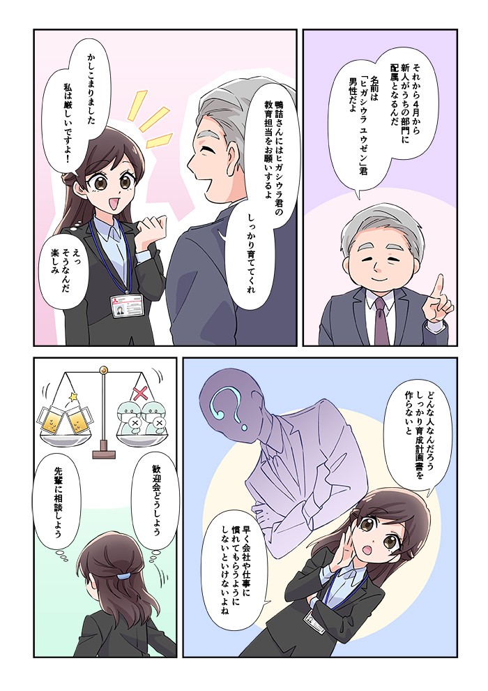 それから4月から新人がうちの部門に配属となるんだ。名前は「ヒガシウラユウゼン」君、男性だよ。どんな人だろう。しっかり育成計画書を作らないと。