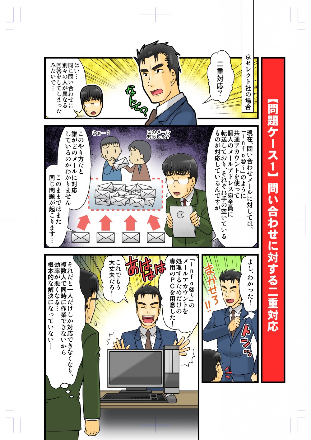 共通アカウントを使って個人のメアド宛全員に転送しているため、同じ問い合わせに別々の人が異なる回答をしてしまった二重対応をしてしまう。